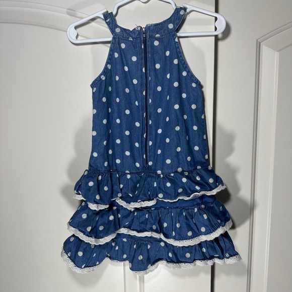 U.S. Polo Assn. Chambray Denim Polka Dot Tiered Ruffle Dress Girls 3T Lace Trim - Picture 2 of 4